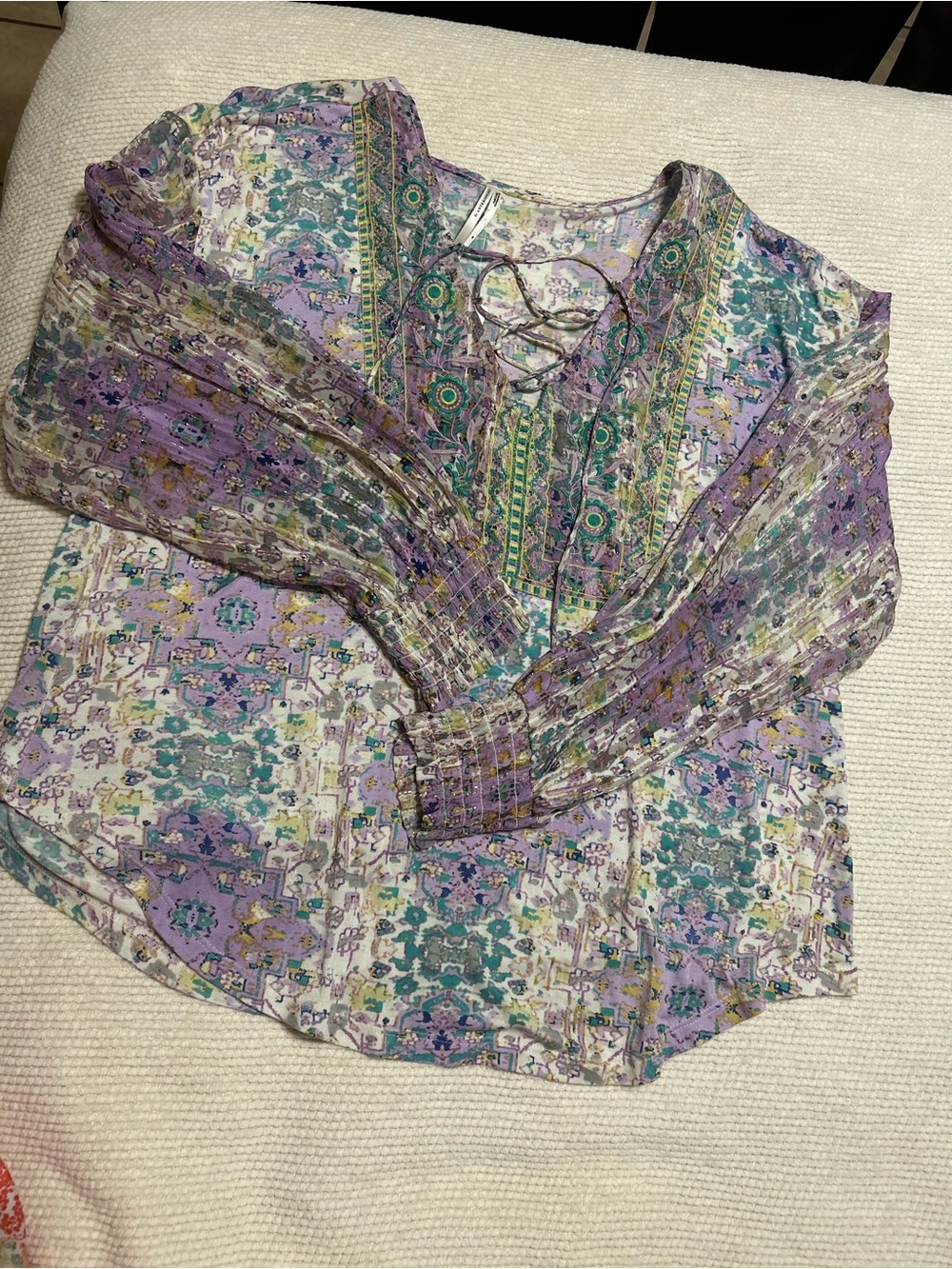 Anthropologie Purple & Teal Lace-Up Peasant Blouse